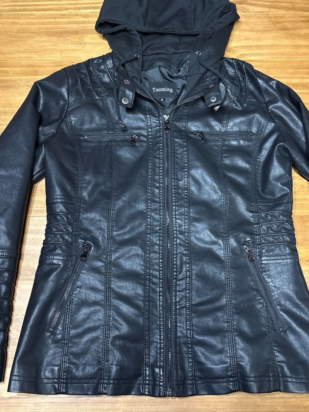 Tanmng Black Faux Leather Hooded Jacket